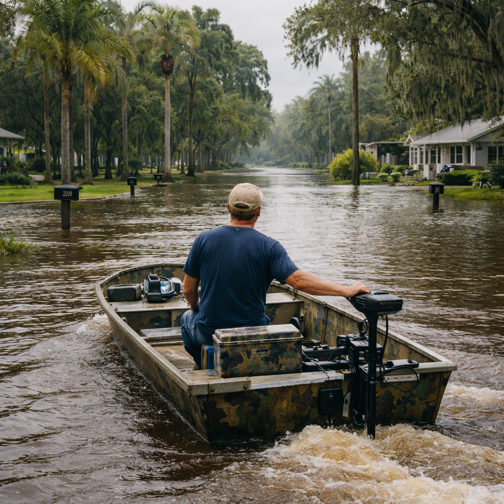 Man Driving boat down flooded street - Florida Flood Insurance