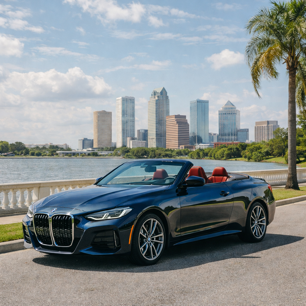 Convertible on Bayshore Blvd w/ Downtown Tampa in Background - Think Safe Insurance